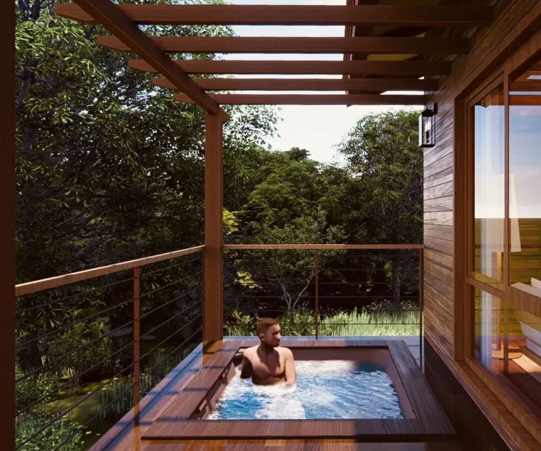 A preview of our upcoming Birwa Forest Resort. This machan-style cottage, crafted from Canadian wood, is elevated 16 feet above the ground. The design offers a private escape among the treetops, complete with its own plunge pool, embodying a unique form of sustainable luxury architecture.