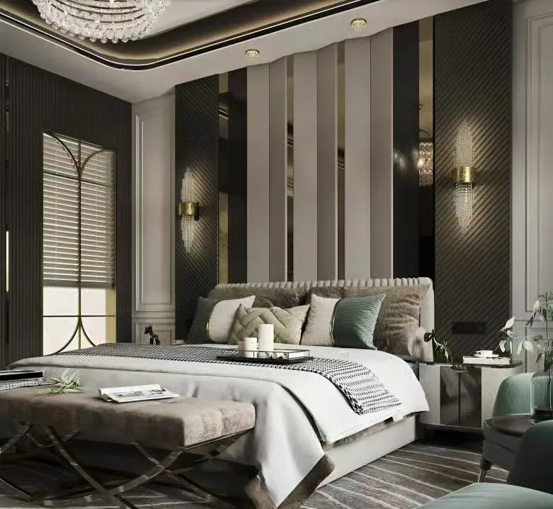 Experience true luxury with this master bedroom concept. We used a sophisticated palette, dramatic vertical paneling with mirrored accents, and layered lighting from a statement chandelier to create a space that feels both grand and deeply relaxing.