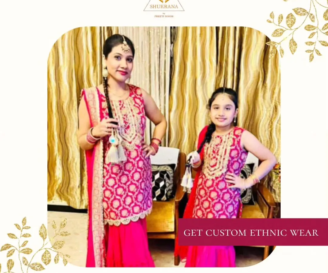 We love creating matching outfits for mothers and daughters. This custom-designed pink sharara set features intricate gold embroidery on the kameez, perfectly coordinated for both mother and child to shine together at any celebration.