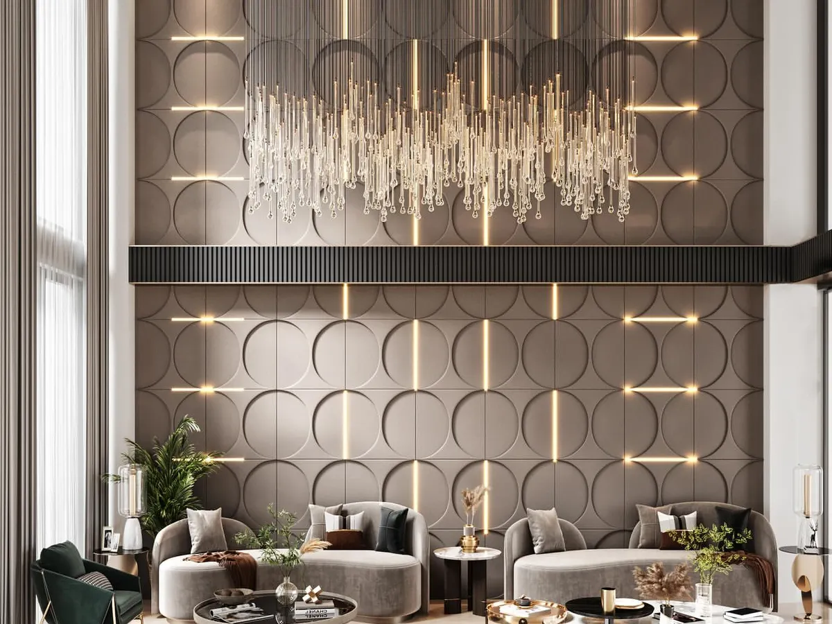 This CGI of a duplex living room highlights my ability to render large, double-height spaces. The focus is on the interplay of ambient and accent lighting on the 3D wall panels and the grand crystal chandelier, creating a sense of luxury and scale.