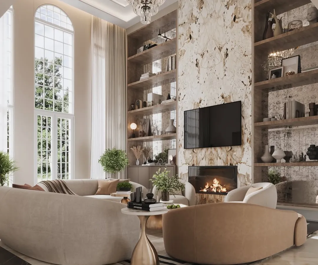 For this formal living room in a London residence, the objective was to visualize a space that felt both grand and intimate. I meticulously simulated the way natural light from the arched, double-height windows would interact with the rich texture of the full-height marble feature wall. The rendering highlights the soft curvature of the bespoke sofas and the warm glow of the fireplace, demonstrating how visualization can prove a design's balance and comfort.