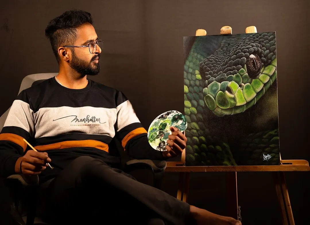 This hyper-realistic acrylic painting of a pit viper on canvas shows the level of detail and intensity I bring to my wildlife art. The vibrant colors and textures make the subject feel alive, creating a powerful statement piece for any space.