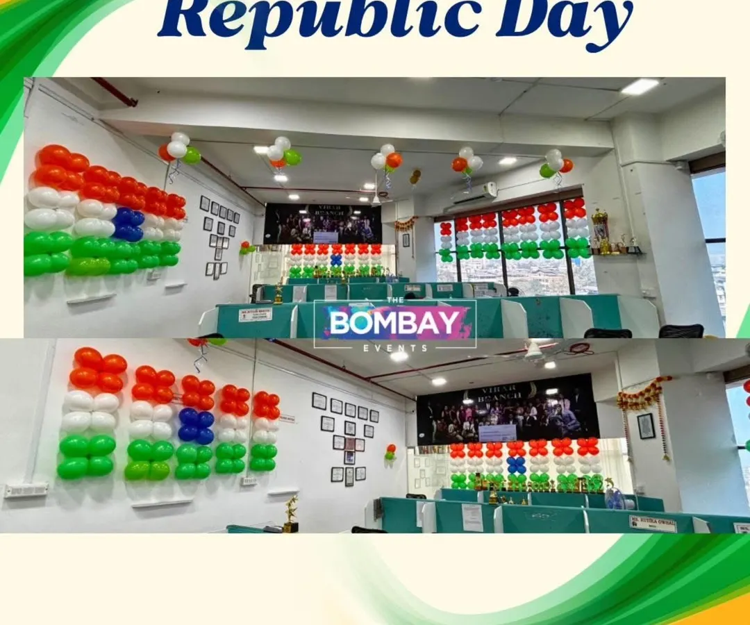 For Republic Day, I transformed this office space with tricolor balloon decorations. You can see the Indian flag theme on the walls and subtle balloon clusters on the ceiling, creating a patriotic and vibrant atmosphere for the employees.