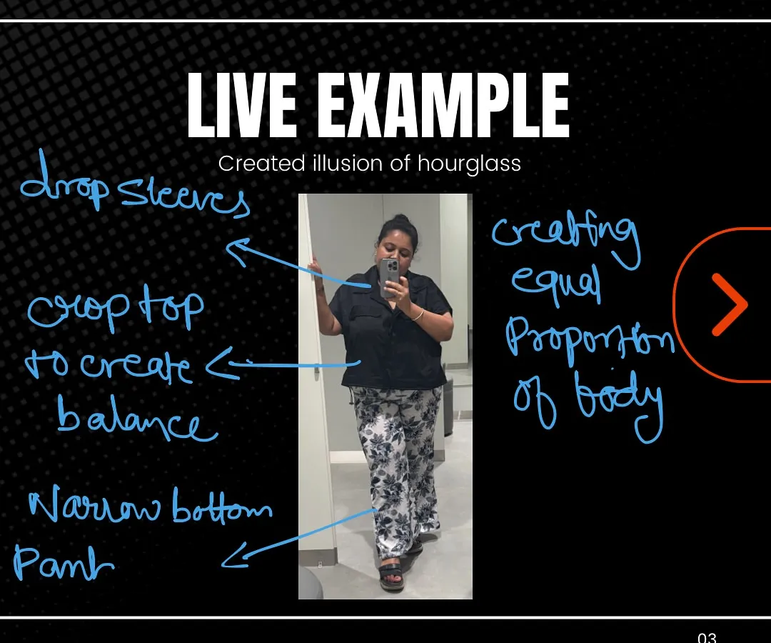 This is a live example of how I help clients with a rectangular body shape create the illusion of an hourglass figure. By using drop sleeves, a crop top, and narrow bottom pants, we create balance and proportion, highlighting your natural shape in a flattering way.