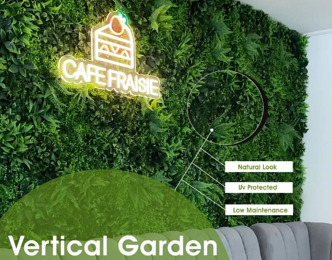 A great example of how our vertical gardens can transform a commercial space. For this cafe, we created a dense, multi-textured green wall and integrated their neon branding right into it. It’s a statement piece that is UV protected, requires no maintenance, and creates an unforgettable ambiance for customers.