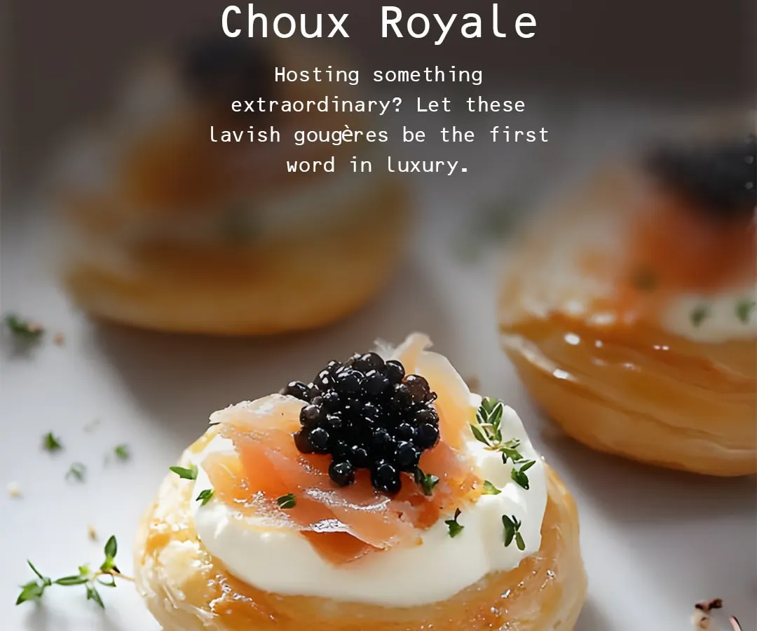 We believe luxury is in the details. Our Choux Royale, featuring delicate gougères topped with smoked salmon and caviar, is a perfect example of the gourmet canapés we craft for exclusive corporate gatherings.