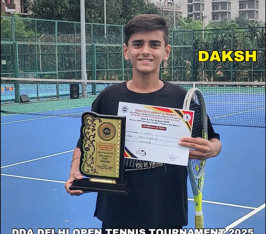 Shaabash Daksh! We are proud to see our player holding the Gold Medalist plaque for winning the Boys U-14 category at the DDA Delhi Open Tennis Tournament. This is what hard work and dedication on the court looks like.