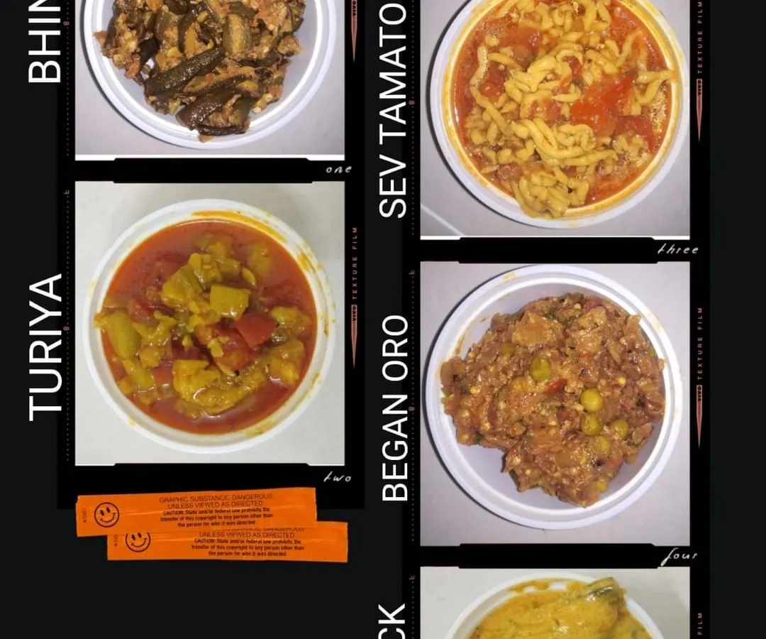 I offer a variety of homemade vegetable curries, or sabjis, for your daily tiffin. This collage shows some popular options like Bhindi, Sev Tamato, Turiya, Ringan no Oro (baingan bharta), and Drumstick curry, all cooked fresh to order.