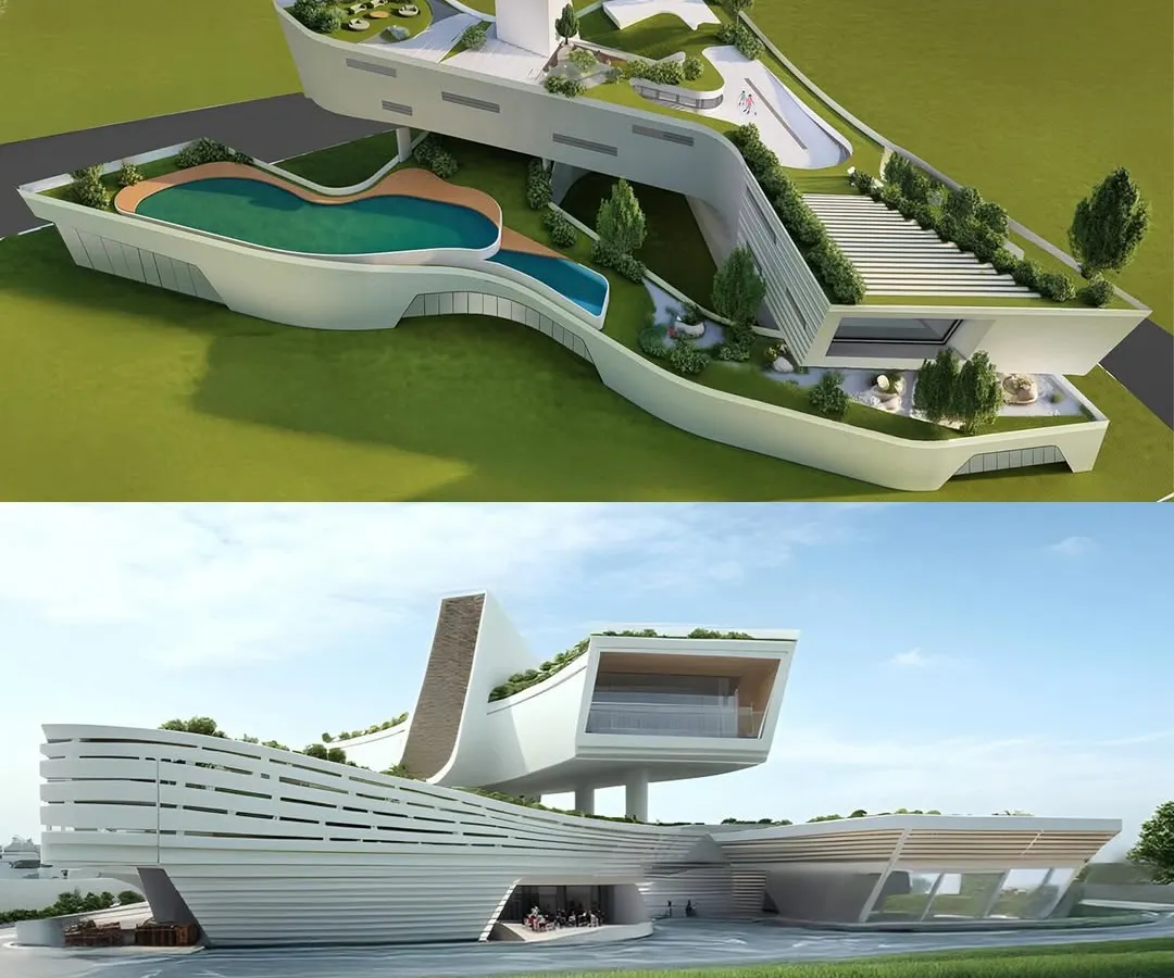 This conceptual design shows our exploration of cantilevered structures that support extensive green roofs and a suspended swimming pool. The goal is to create dramatic, functional outdoor living areas that appear to float within the landscape.