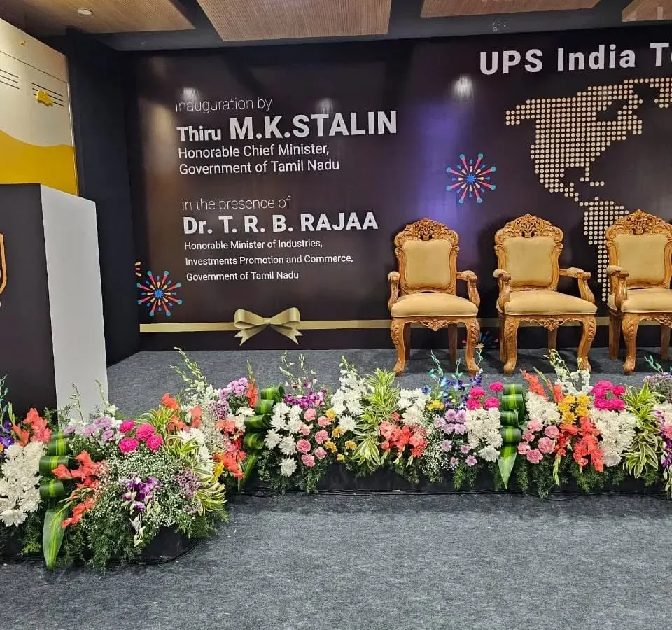 For the UPS India inauguration, I designed a professional stage setup featuring a custom branded backdrop and elegant floral runners. This creates a polished focal point for high profile ceremonies and presentations.