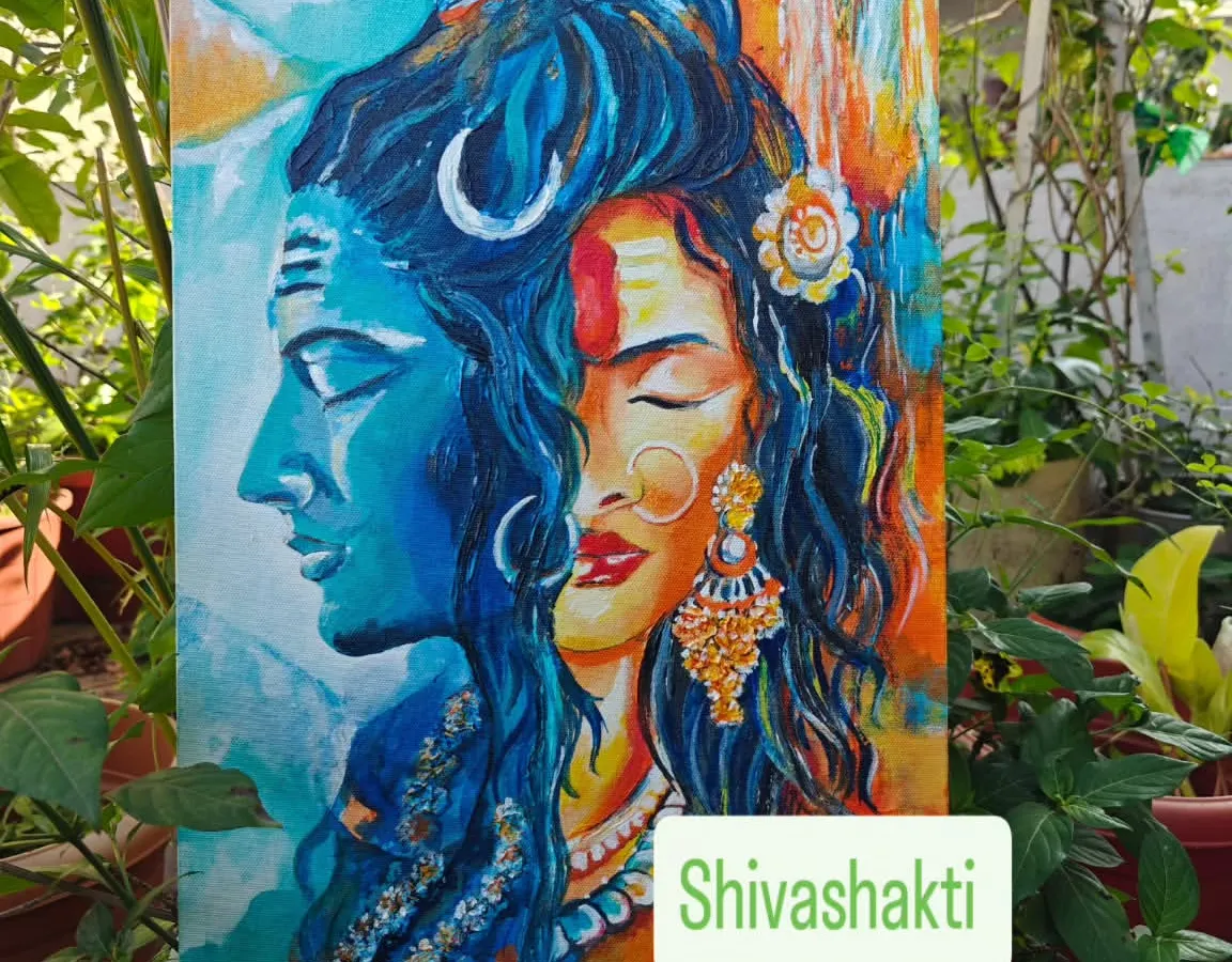 This piece, 'Shivashakti', represents the divine union of masculine and feminine energies. I used vibrant acrylics on a vertical canvas to capture the powerful yet harmonious connection between Shiva and Parvati, making it a statement piece for any space that values spiritual depth and color.
