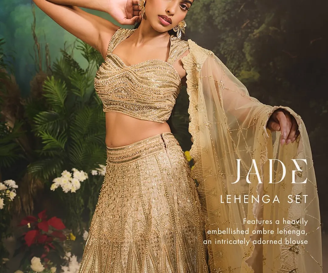 The Jade Lehenga Set is crafted for the modern bride who desires radiance. I focused on creating a heavily embellished ombre lehenga with an intricately adorned blouse and a graceful scalloped dupatta for a truly luminous wedding look.