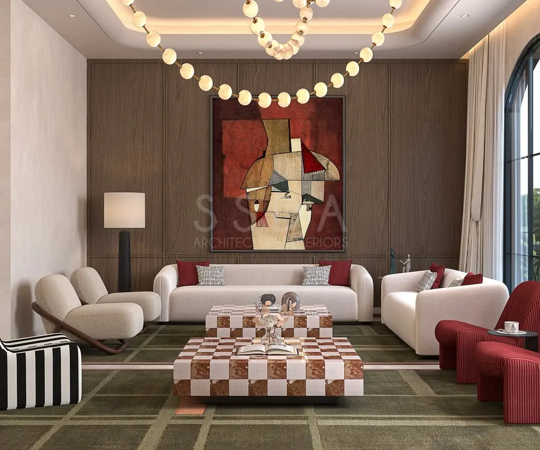 For this living room, I blended modern mid-century charm with a playful, contemporary energy. The design uses bold colors, a unique checkerboard coffee table, and sculptural lighting to create a space that is joyful and sophisticated. The large artwork and wood-panelled wall add layers of texture and personality, making it a true reflection of the young couple who lives here.