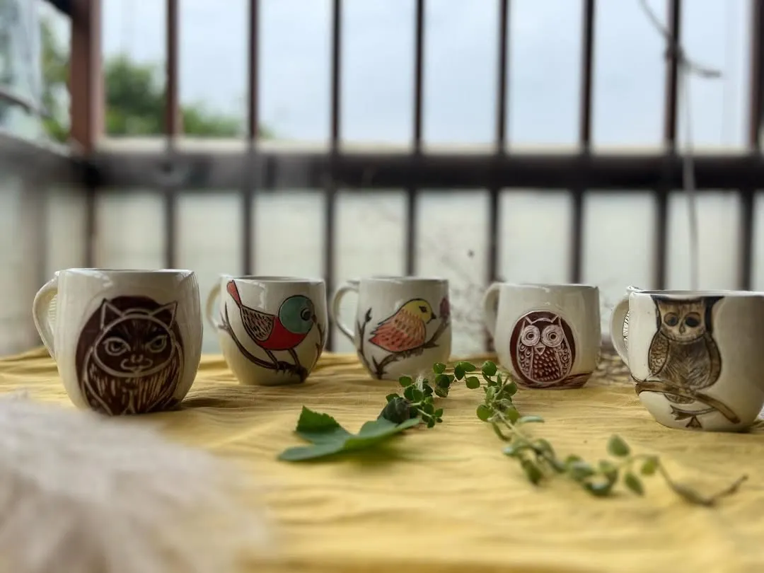 I just love how these mugs turned out! Each one has its own little personality, from the wise owl to the cheerful little bird. These hand-painted ceramic mugs are perfect for your morning coffee and are sure to make you smile.