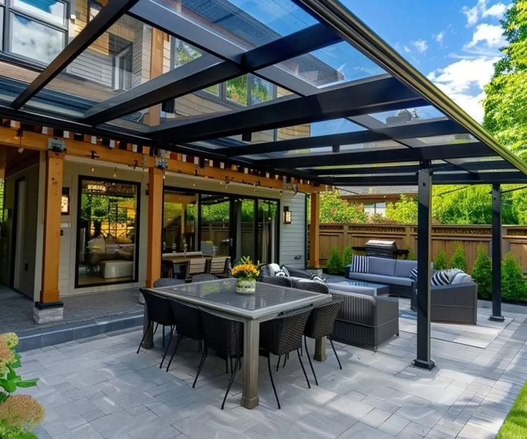 Experience the outdoors in any weather with our premium glass roof pergolas. This expansive patio cover uses toughened glass and a sleek metal frame to create a bright, airy, and fully protected space for dining and lounging.