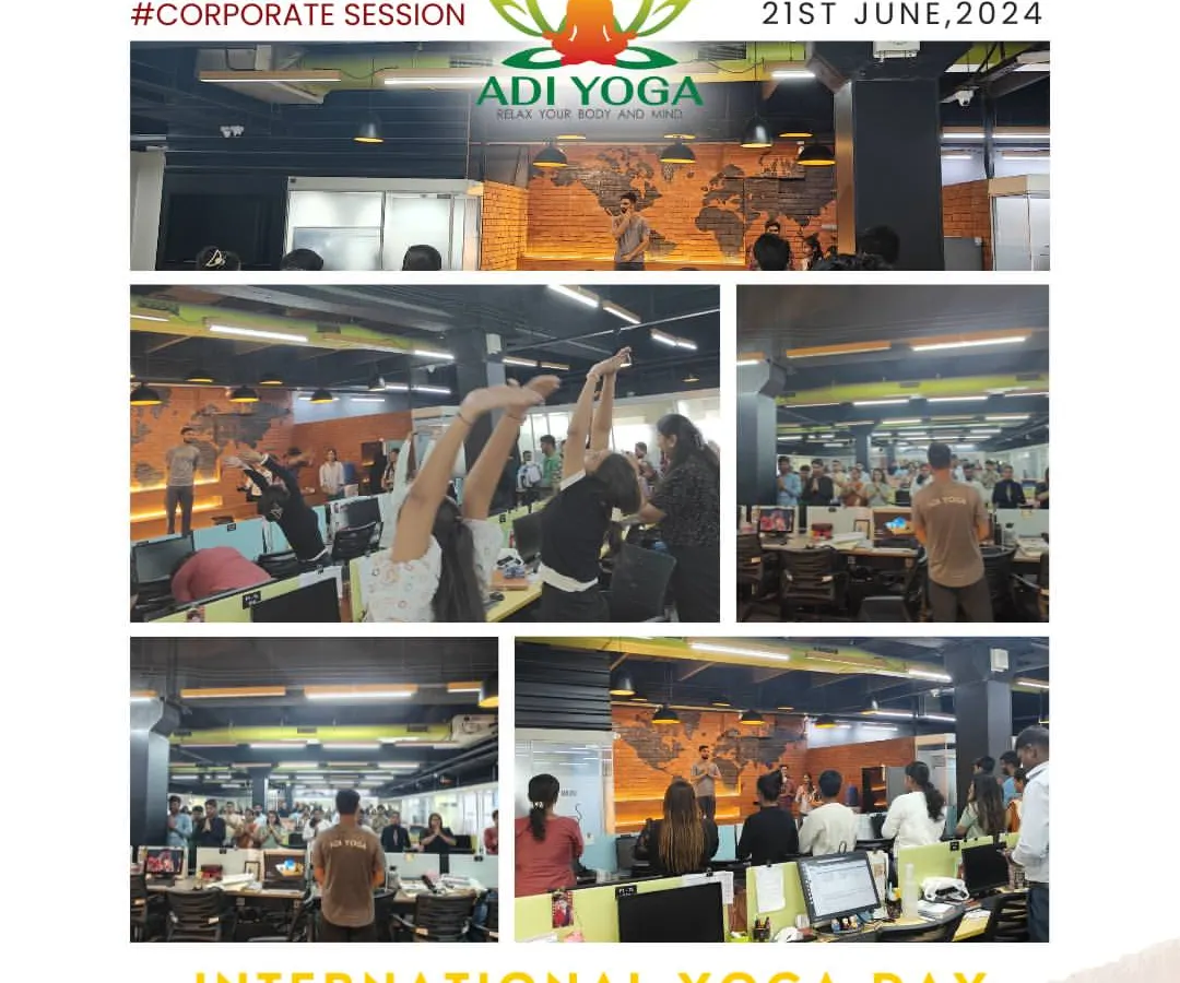 I bring the calm to your office. This collage is from an International Yoga Day session I conducted, helping a busy team find a moment to stretch, breathe, and reset right at their desks. Corporate wellness sessions are a great way to boost team morale and productivity.