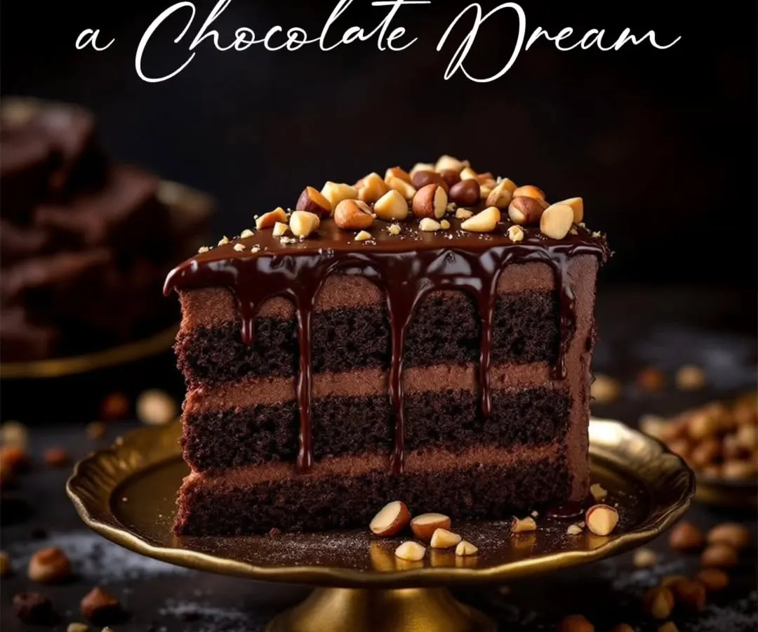 A closer look at my layered chocolate and hazelnut cake. You can see the rich, velvety texture of the chocolate mousse between moist cake layers, all topped with a glossy ganache drip and crunchy roasted hazelnuts.