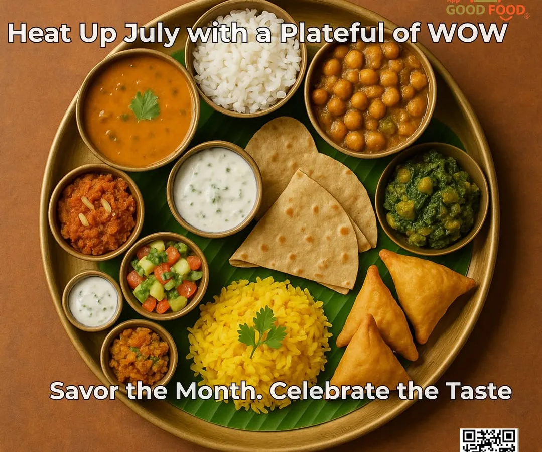 This is what we mean by a plateful of 'wow'. Our home-style thali features a complete, balanced meal with a variety of dishes like dal, sabzi, rice, roti, and even a sweet treat.