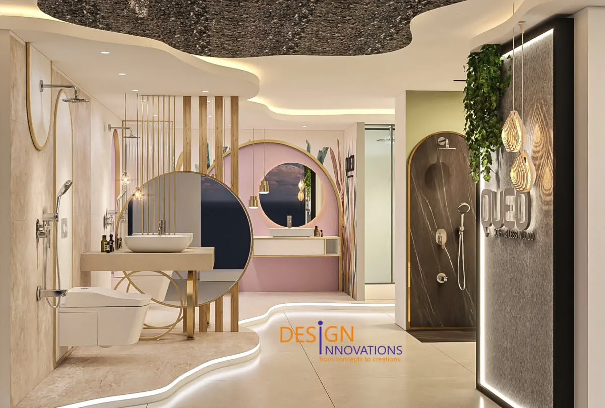 An immersive brand experience we created for QUEO. This is not just a showroom; it's a bath lounge. We used flowing organic lines, soft ambient lighting, and a palette of pink, gold, and cream to create a serene, spa-like atmosphere that allows the luxury of the products to shine.