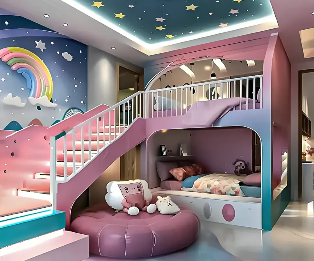 This vibrant, fairy-tale-themed bunk bed is perfect for a princess's room. The design features a playful staircase, a cozy lower bunk, and a magical color palette with a rainbow and starry sky ceiling.