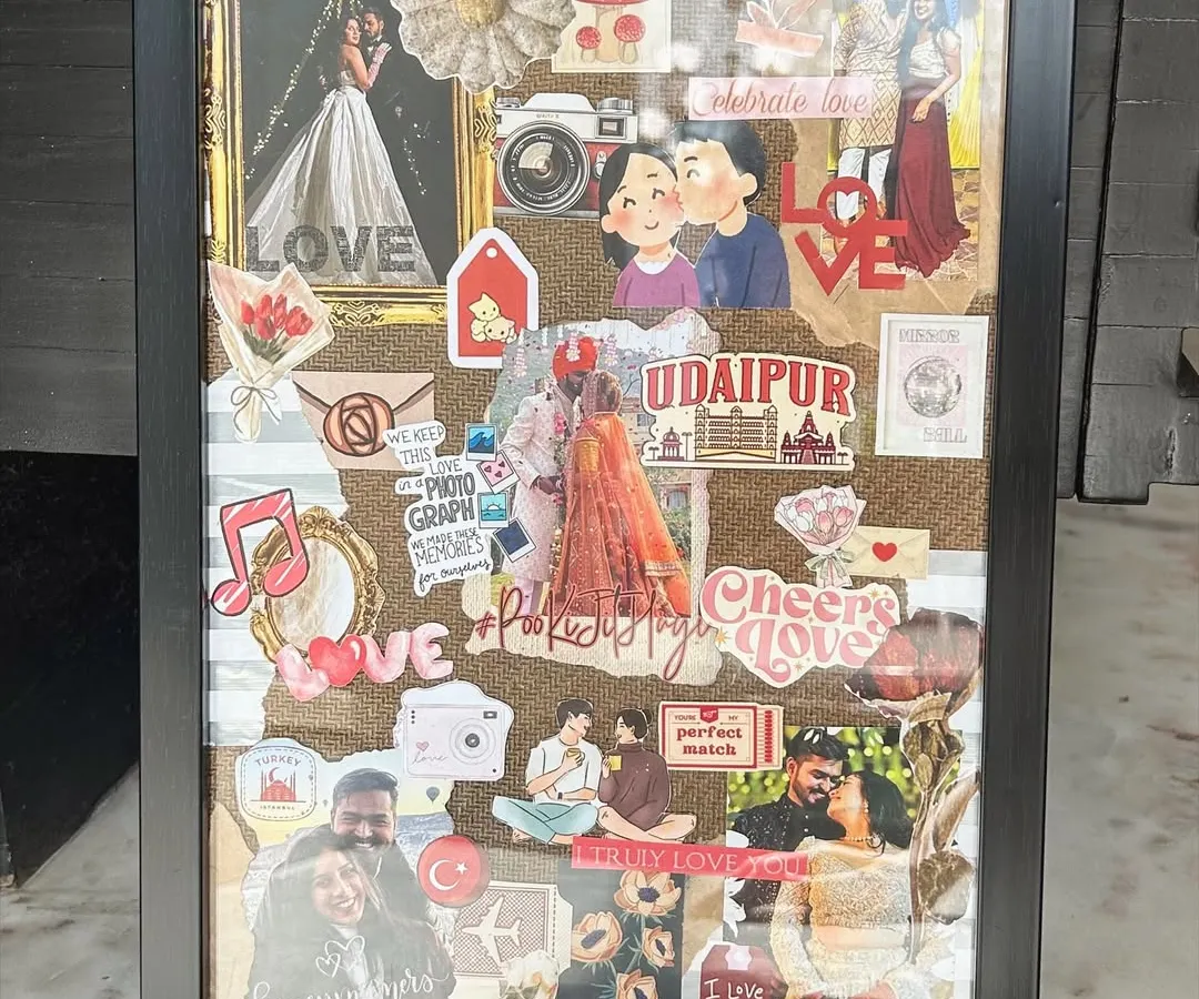 A complete relationship journey, all in one place. This custom couple's frame features everything from wedding photos and travel memories of Udaipur to cute illustrations and inside jokes, creating a beautiful visual story of their love.