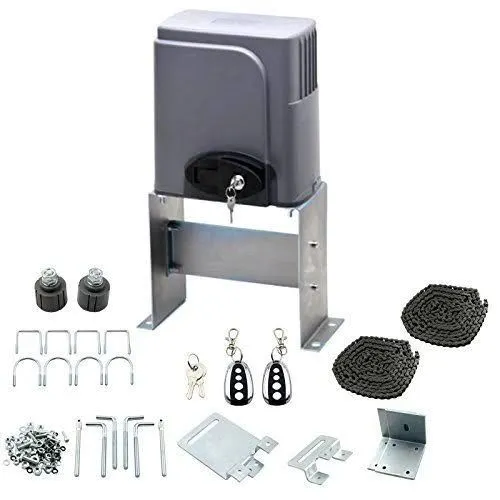 This image displays a complete kit for a sliding gate automation system. It includes the powerful motor, mounting hardware, chains, and remote controls, representing the high quality components we use for every installation value to ensure secure and reliable access to your property.