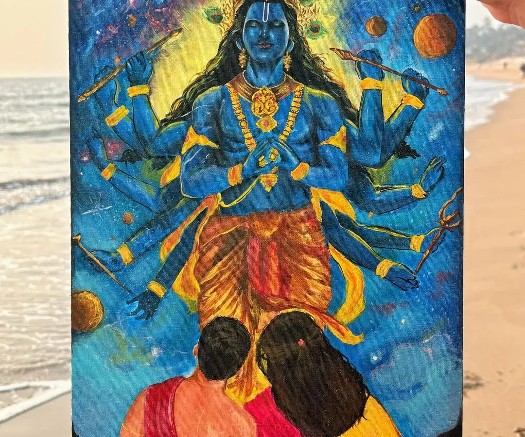 This painting of Lord Vishnu's Vamana avatar was a true labor of love. I used acrylics on canvas to capture the cosmic scale and divine energy, setting it against a beautiful beach backdrop to bring out the vibrant colors.
