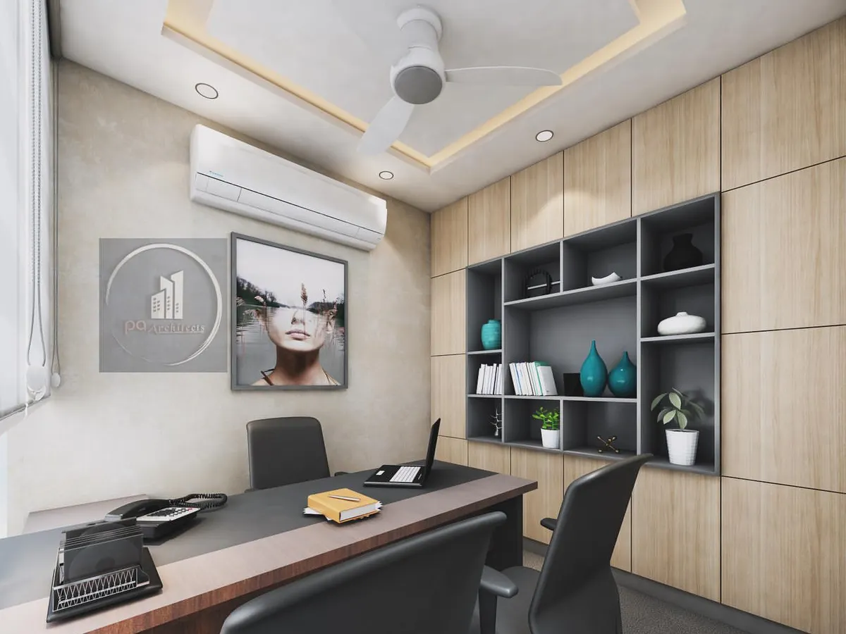 This 3D design showcases a modern executive cabin concept. We focus on creating a balance of professionalism and comfort, incorporating features like custom wood-paneled storage, integrated lighting, and ergonomic furniture for a productive workspace.