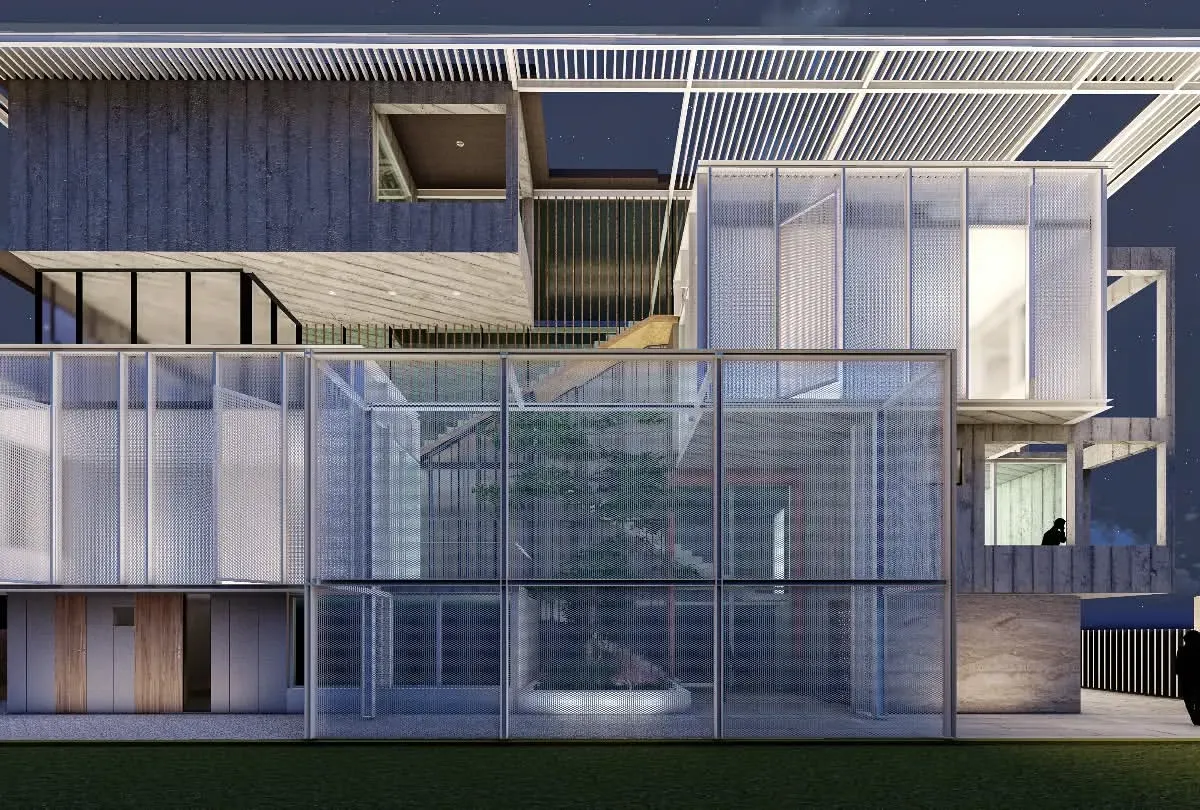 A design rendering for Residence B in South Extension, Delhi. This project explores the idea of a modern courtyard by stacking contrasting volumes. I juxtapose heavy, solid forms with transparent, lightweight glass structures to create a dynamic play of enclosed and open spaces that are interconnected.