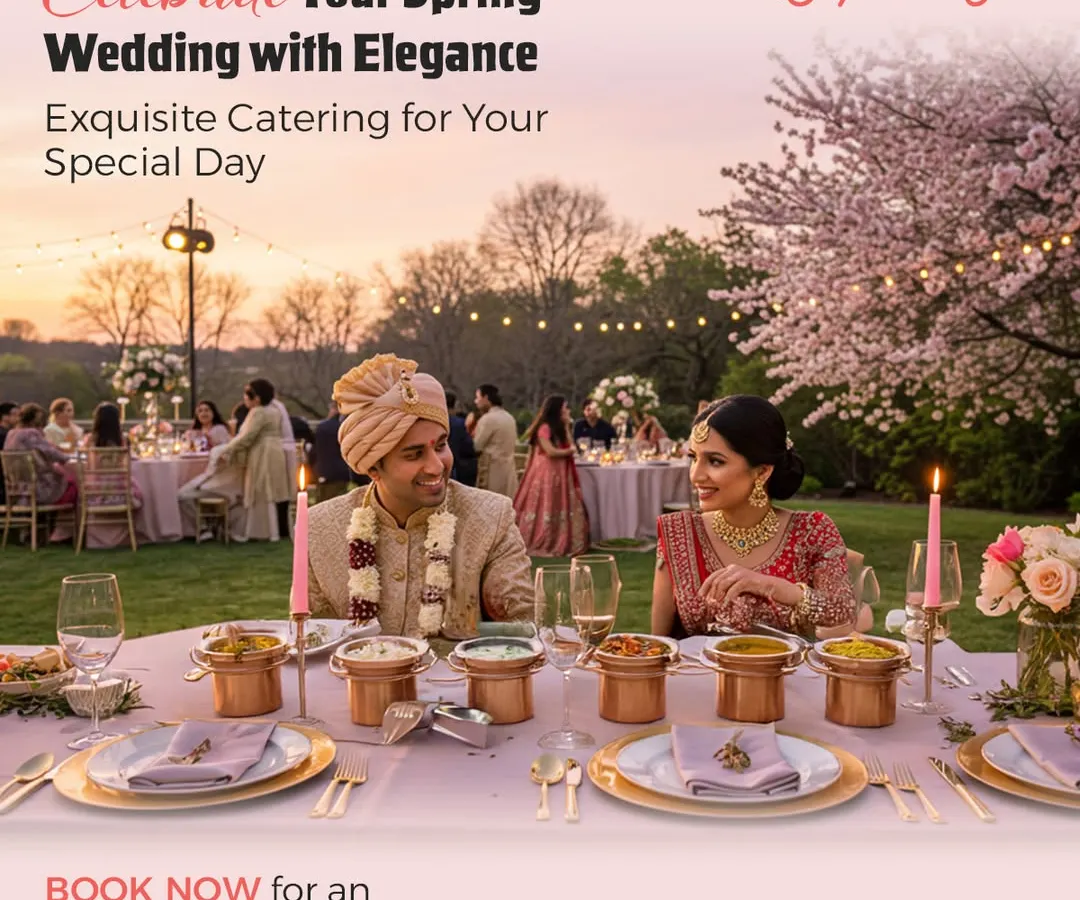 I specialize in creating exquisite dining experiences that match the grandeur of your special day. This outdoor spring wedding setup shows how I tailor the food presentation with elegant copperware to complement the event's theme.