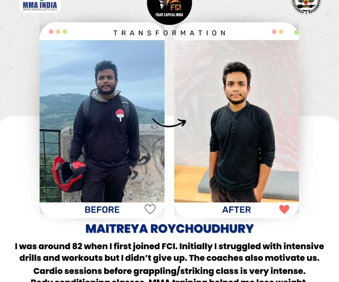 This is what real transformation looks like. Our member Maitreya dropped from 82kg to 63kg through our intense cardio, body conditioning, and MMA classes. We are incredibly proud of his dedication.