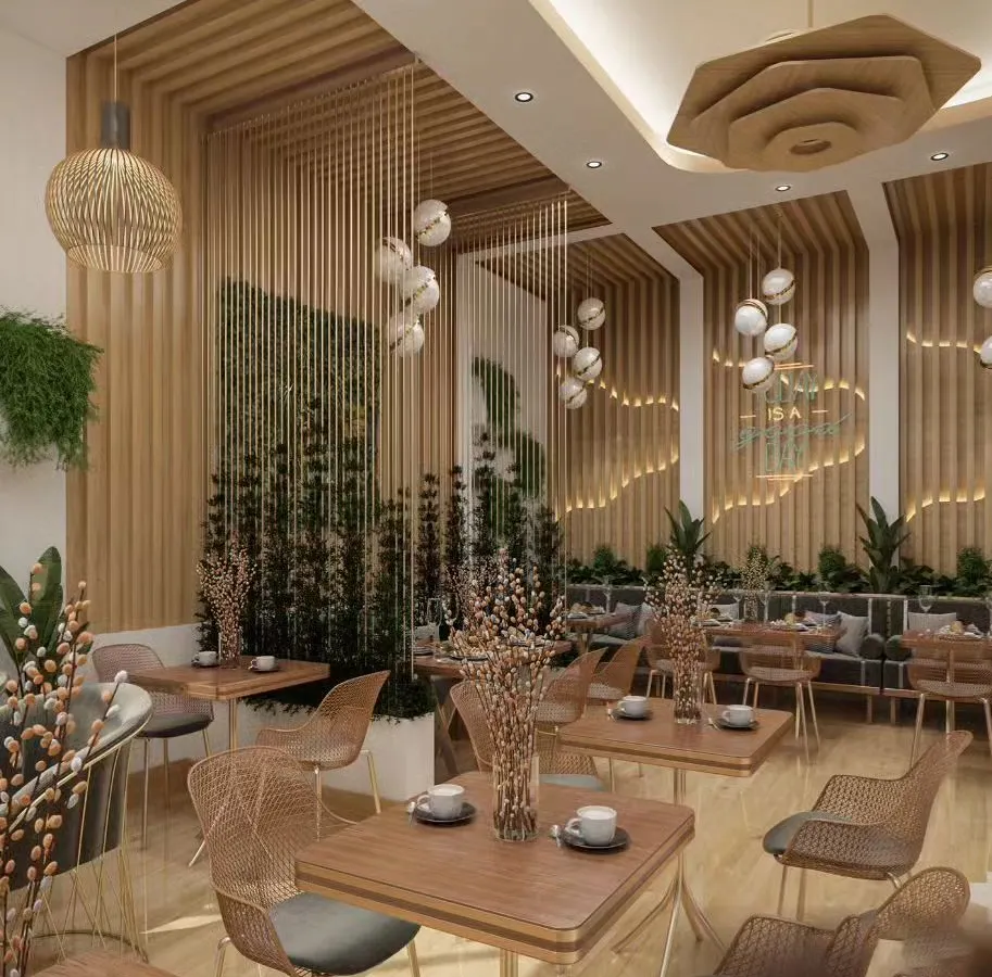 For this cafe, we created a warm and inviting atmosphere using natural wood slats, layered lighting, and abundant greenery. The design focuses on creating an organic, calming customer experience, with distinct seating zones that cater to both groups and individuals.