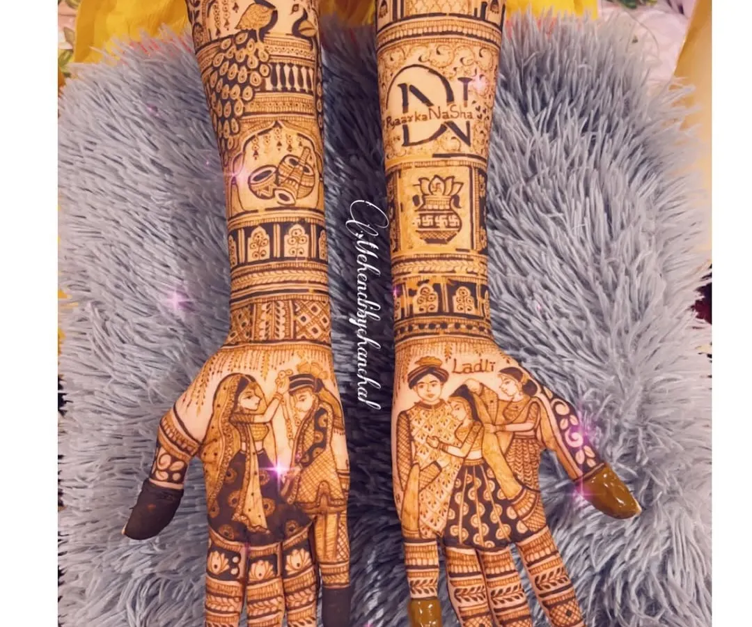 A full bridal mehendi telling a complete story. On one arm, we have the bride with her parents, and on the other, the groom's baraat procession. This is a beautiful way to honor your family on your big day.