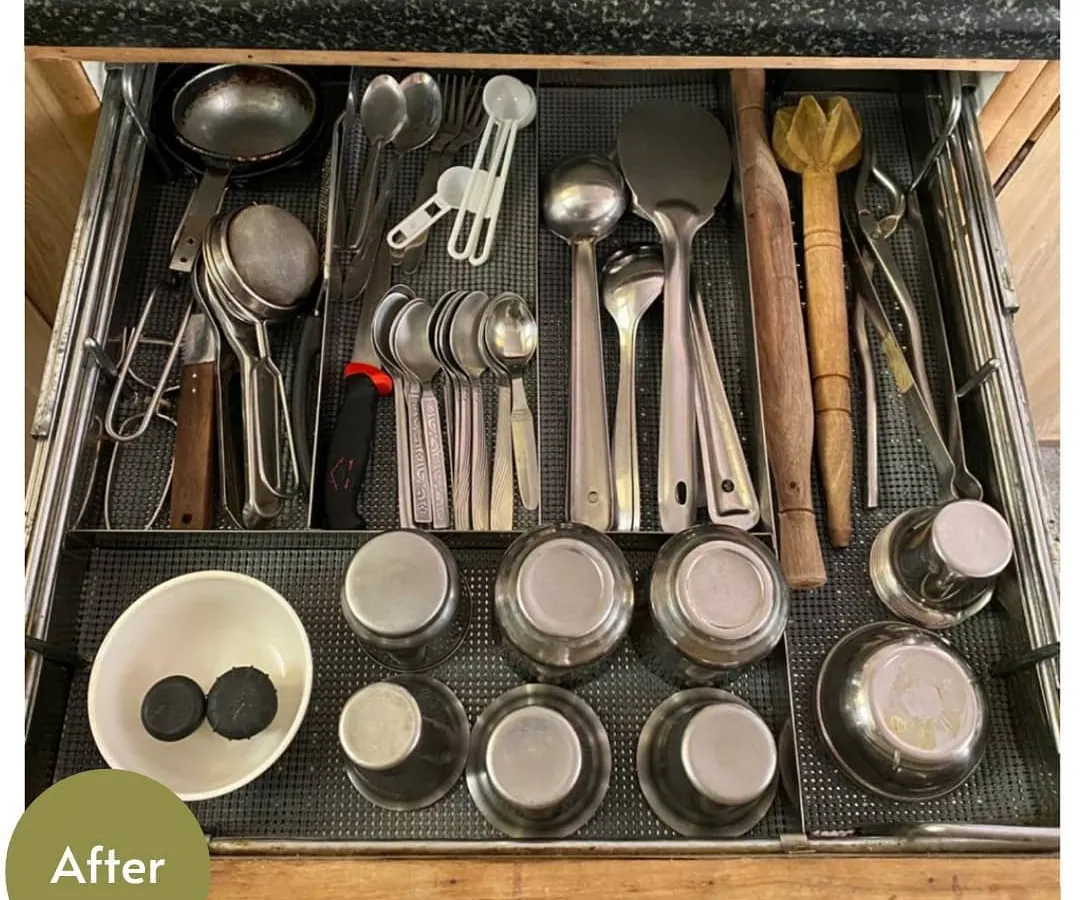 Imagine opening your kitchen drawer and finding exactly what you need in seconds. This is an 'after' from a virtual kitchen organizing session, where we grouped utensils for easy access and a stress-free cooking experience.