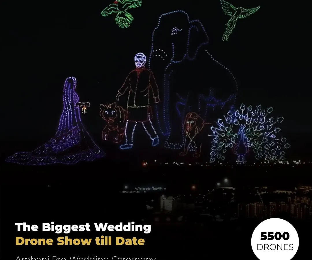 For the Ambani pre-wedding ceremony, we executed the biggest wedding drone show to date with a fleet of 5500 drones. We painted a vibrant love story in the sky, featuring intricate formations of the couple, elephants, and peacocks, setting a new standard for event celebrations.