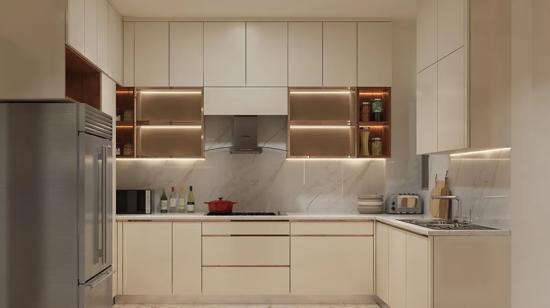 For a clean and luminous feel, we used a high-gloss acrylic finish in this kitchen. The design is completely handleless, incorporating sleek golden profile handles that add a touch of understated luxury.