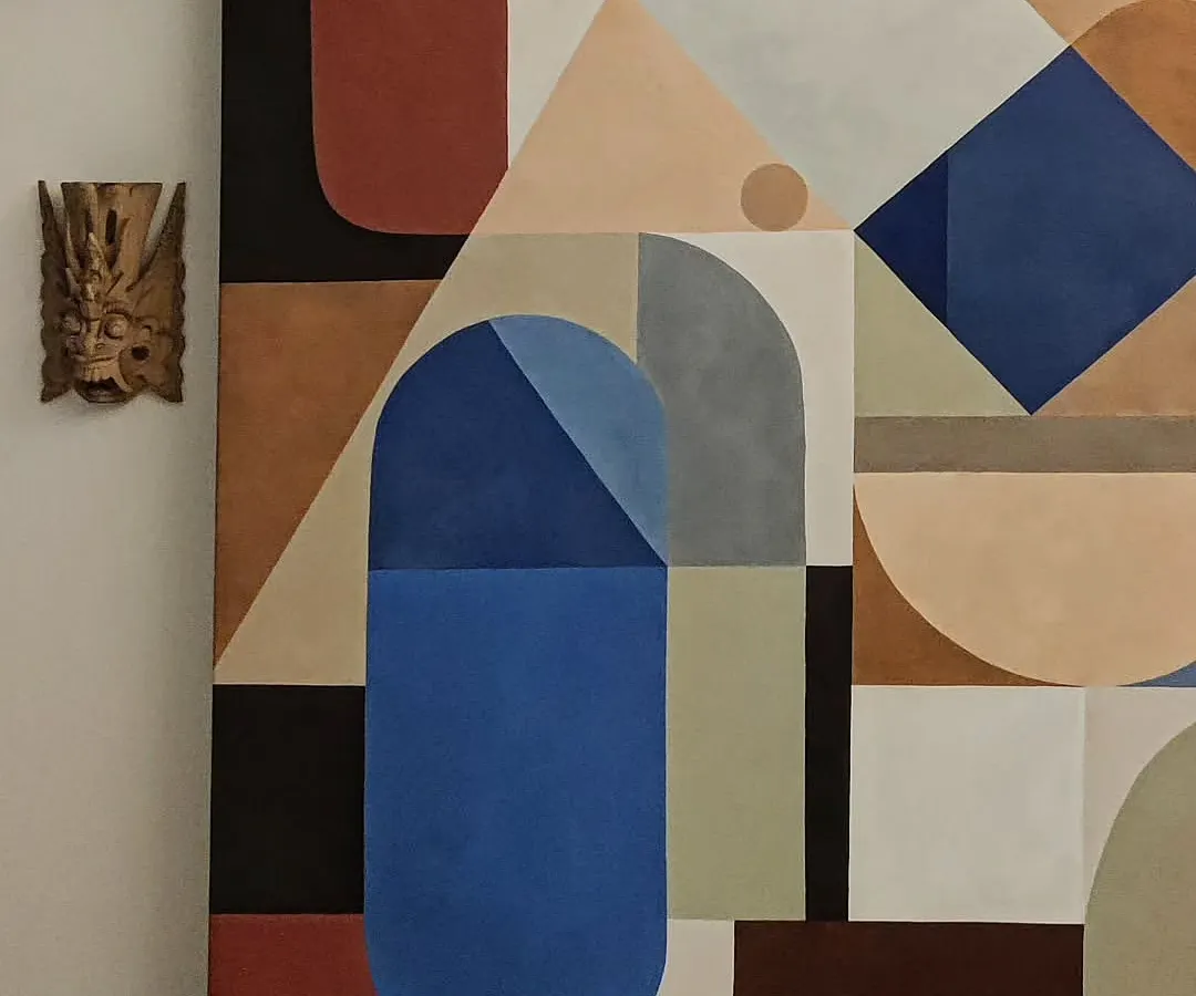For this piece, I focused on the interplay of shape and color. This large geometric abstract painting uses a balanced composition of blues, browns, and neutral tones to create a modern and sophisticated look for interior spaces.