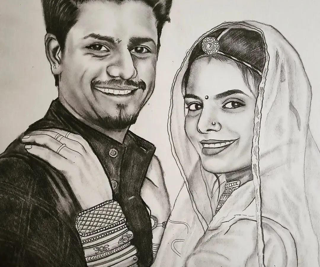 A classic couple portrait done with graphite pencils on A3 paper. My goal here is to capture the emotion and connection between two people, paying close attention to details like their expressions and traditional attire.
