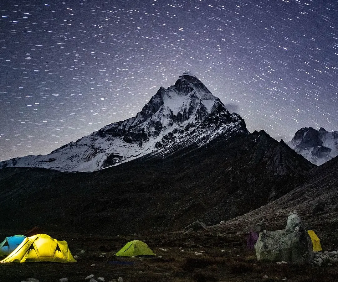 Under a moonless sky in Tapovan, with temperatures below freezing, the sacred peaks of Mt. Shivling and Meru were illuminated by stars. In these moments of profound stillness and cold, you feel a connection to something ancient and immense. It is a humbling reminder of nature's power to guide us toward awe and reverence.