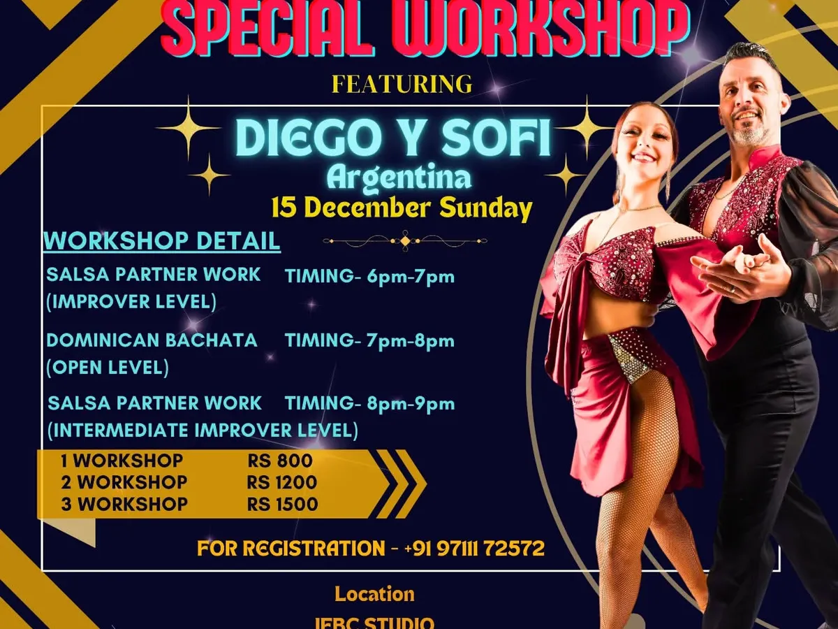 We bring the world's best dancers to you. This poster announces a special workshop with Argentinian champions Diego & Sofi, giving our students a chance to learn Salsa and Dominican Bachata from global icons right here in our studio.