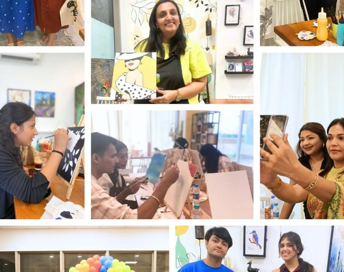 This is the heart of Soaked in Canvas. A collage of smiles, colorful canvases, and beautiful moments from our workshops, showing new moms on a break, couples on art dates, and friends celebrating together. Every person brings their own story and leaves with a happy memory.