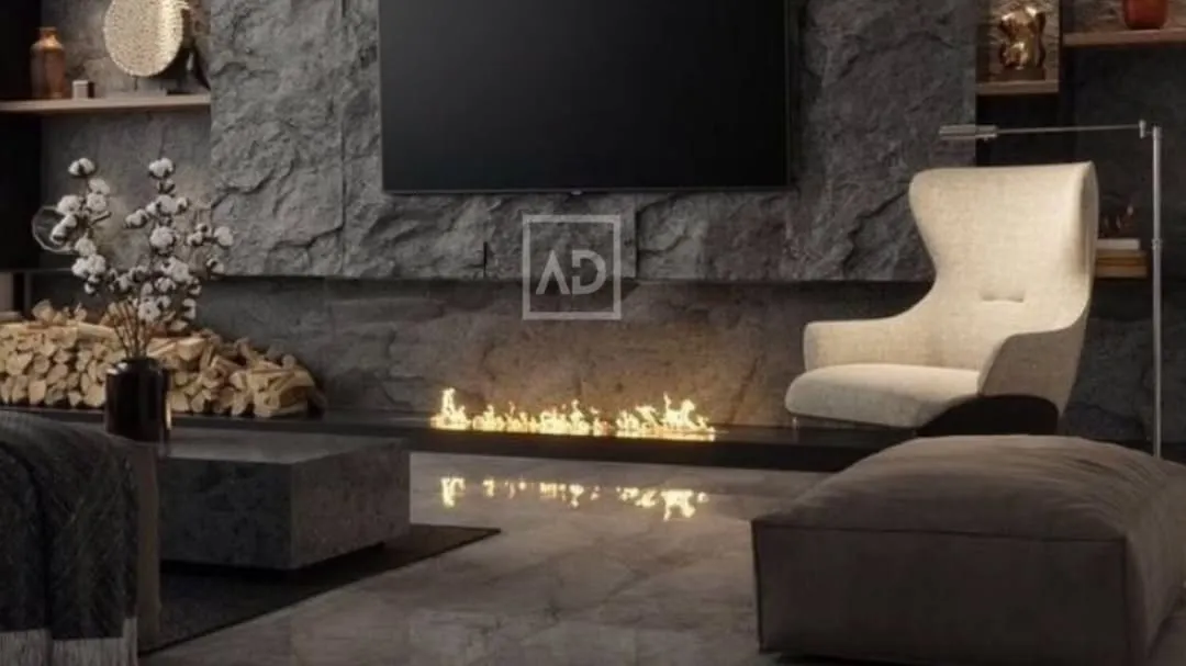 A full-height PU stone panel wall creates a dramatic and luxurious focal point in this living room. The realistic stone texture, combined with an integrated fireplace, adds warmth and character to the space.