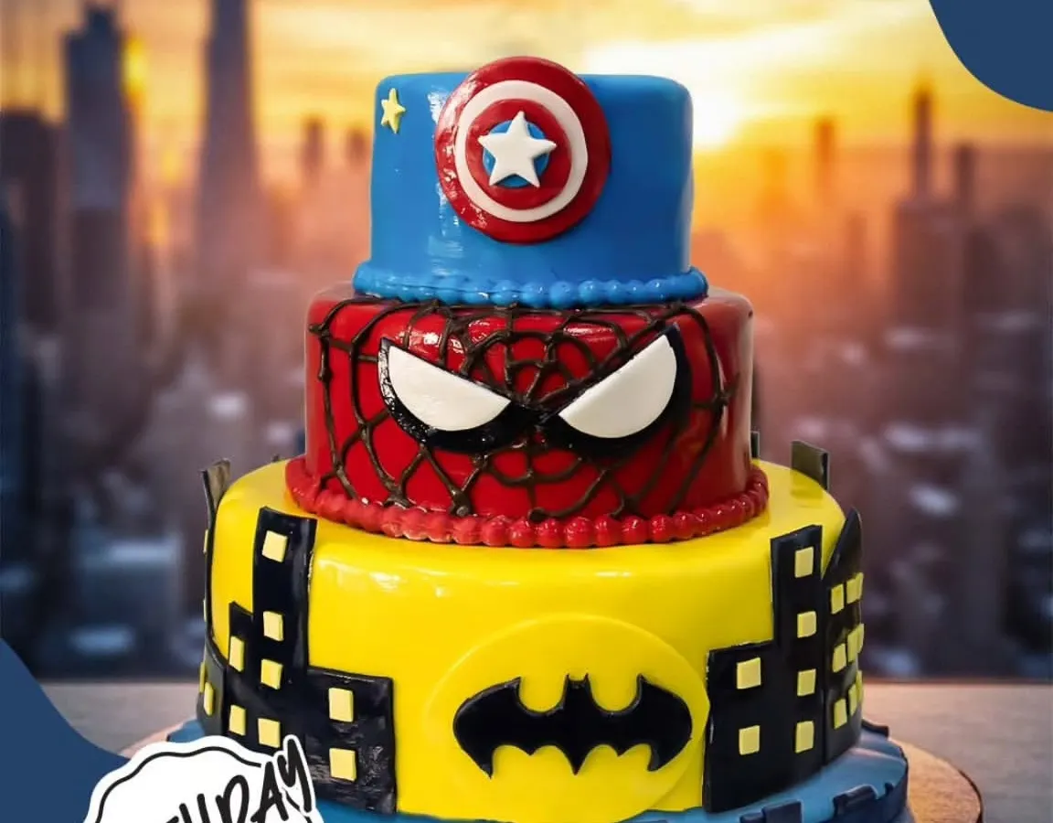 For the ultimate superhero fan, I assembled this three-tier action-packed cake featuring Batman, Spider-Man, and Captain America, creating a towering centerpiece for an epic birthday battle.