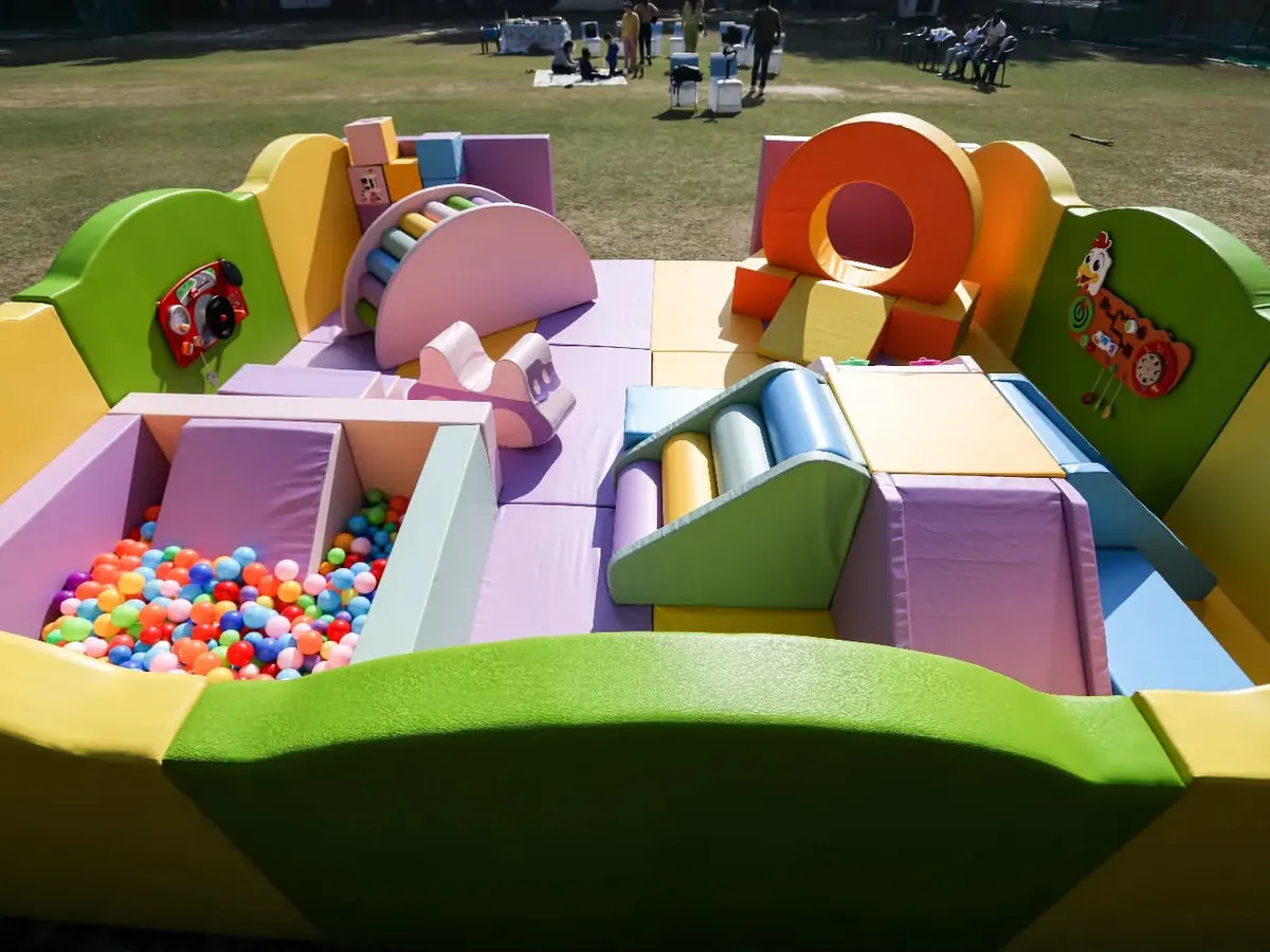 Here is a bird's eye view of one of my classic soft play areas, all set up and ready for adventure. It's a safe, contained space packed with climbers, slides, and a ball pit, ensuring hours of entertainment for toddlers and young children.