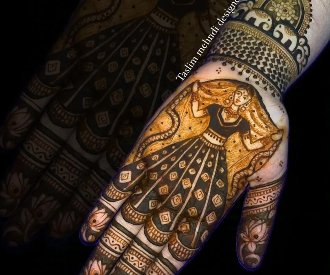 I can bring any story to life with henna. This design features a graceful dancing figure, showcasing my skill in creating detailed portraits and figures that make your mehndi truly one of a kind.