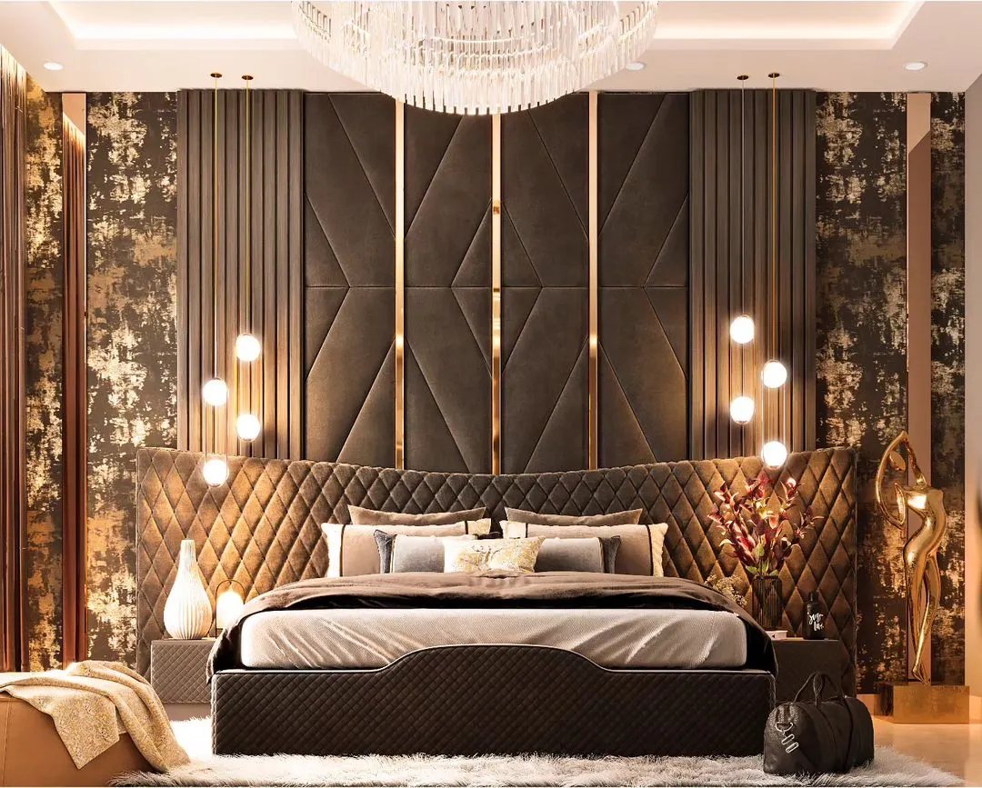 For this master bedroom, we crafted a sanctuary of opulence. A floor-to-ceiling, custom-quilted headboard with geometric brass inlays and integrated lighting creates a dramatic and sophisticated focal point, showcasing our expertise in bespoke bedroom design.