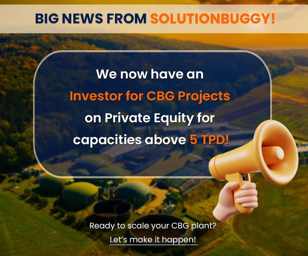 We don't just consult; we connect you with capital. This graphic announces our partnership with an investor for private equity in Compressed Bio-Gas (CBG) projects, demonstrating our ability to secure funding for ventures with capacities above 5 tons per day (TPD).