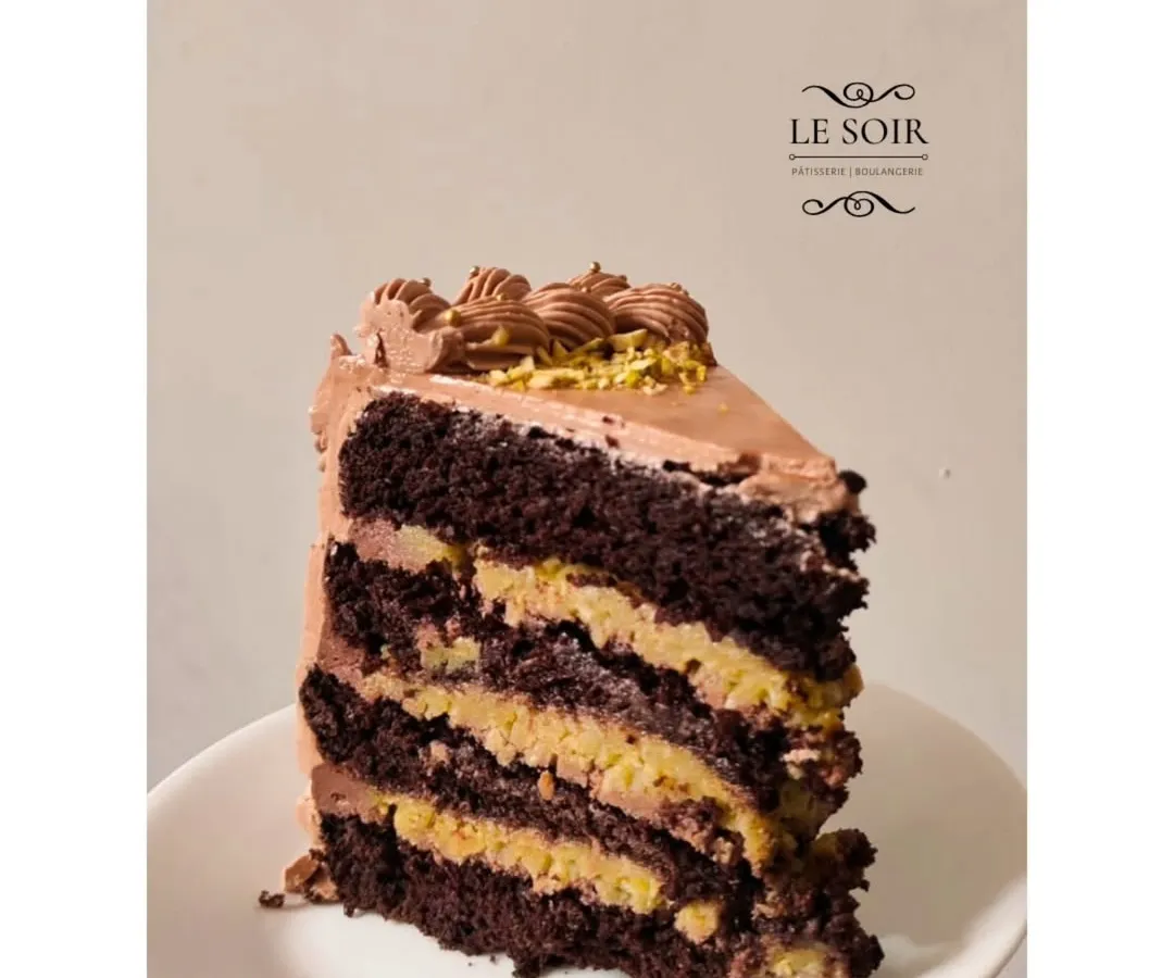 A slice of my Pistachio Kunafa Chocolate Cake, inspired by the viral Dubai chocolate. It features layers of rich chocolate cake and a crunchy, creamy pistachio kunafa filling, showing how I love to experiment with textures and flavors.
