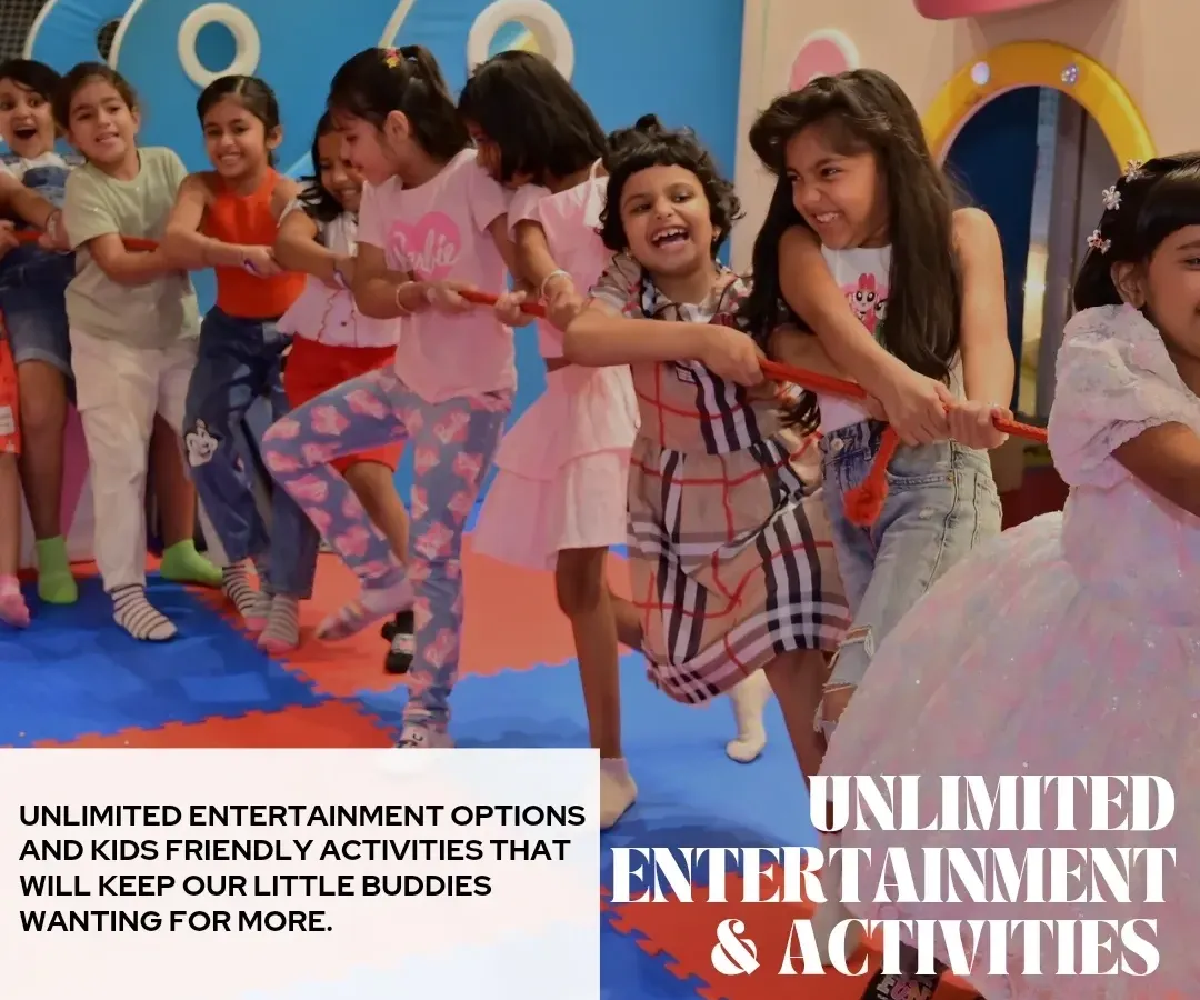 The sound of laughter is our favorite part of any party. Here, kids are engaged in a friendly game of tug-of-war, one of the many interactive entertainment options we provide to keep the energy high and ensure everyone is having a fantastic time.