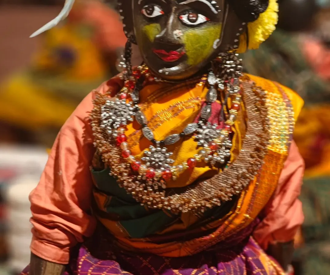 Here is a close-up of one of our handcrafted puppets representing the tribals of Malwa. Every puppet is a labor of love, meticulously carved, painted, and adorned with traditional attire and jewelry. We focus on these details to ensure each character on stage is not just a puppet, but a personality with its own story.